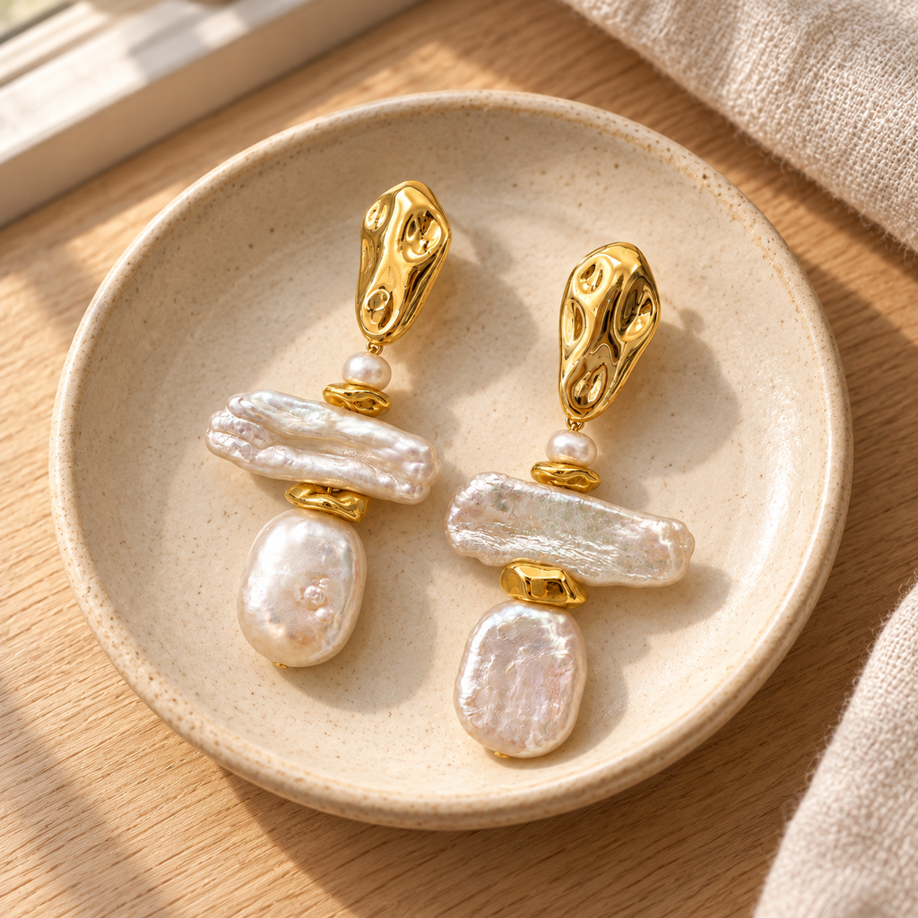 Sculpted Gold Baroque Pearl Earrings